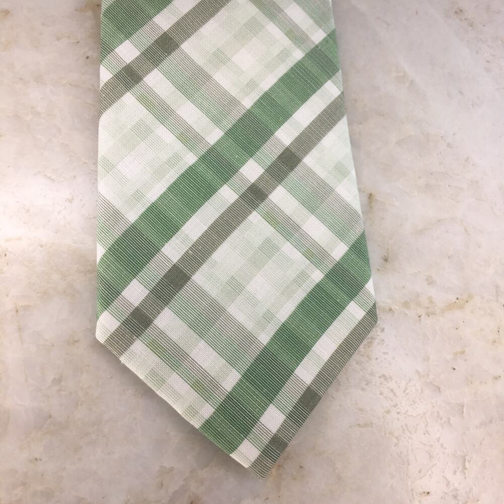 PRONTO UOMO GREEN CREAM PLAID SILK LINEN BLEND NECKTIE ( XL)